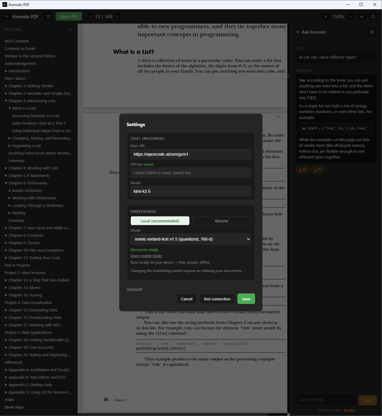 Komodo PDF settings: choosing local embeddings and configuring an OpenAI-compatible chat provider with your own key.